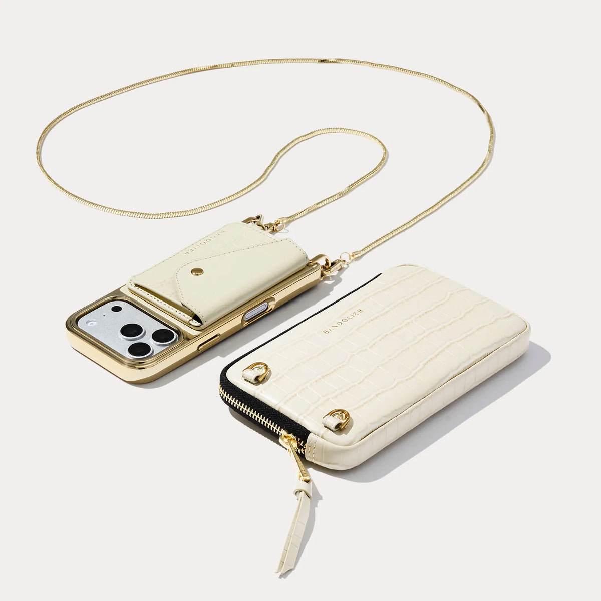 Remi Magnet Wallet Crossbody Phone Case Pouch Set - Ivory Croc/Gold
