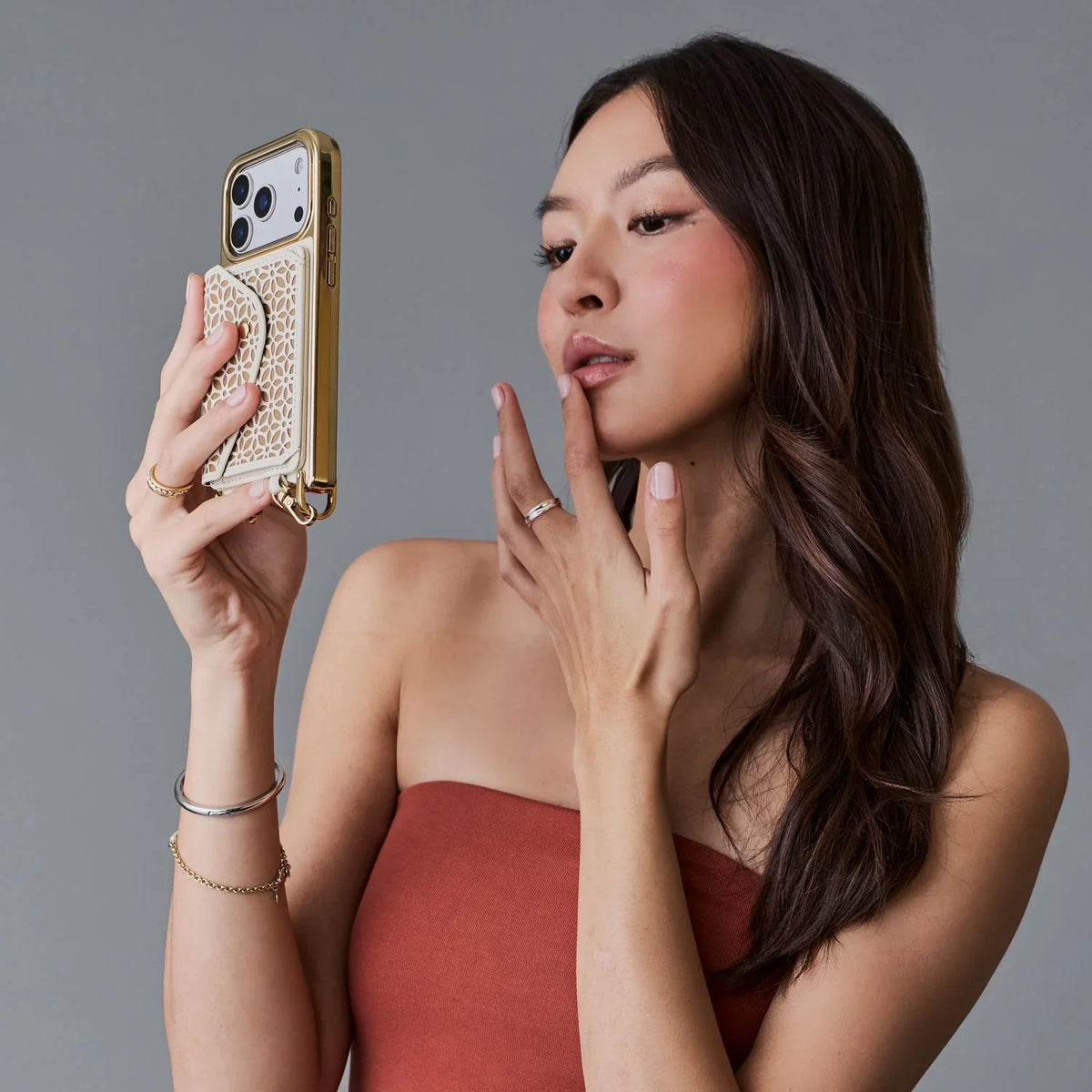 Mira Chrome Magnet Wallet Crossbody Phone Case - Ivory Tan/Chrome Gold