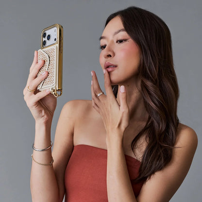 Mira Chrome Magnet Wallet Crossbody Phone Case - Ivory Tan/Chrome Gold