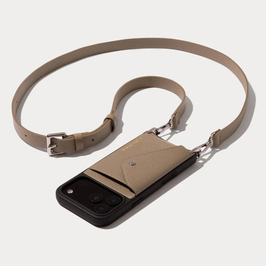Hailey Side Slot Leather Crossbody Bandolier - Greige/Silver