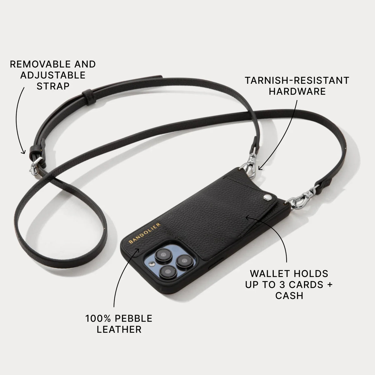 Emma Pebble Leather Crossbody Bandolier - Black/Silver