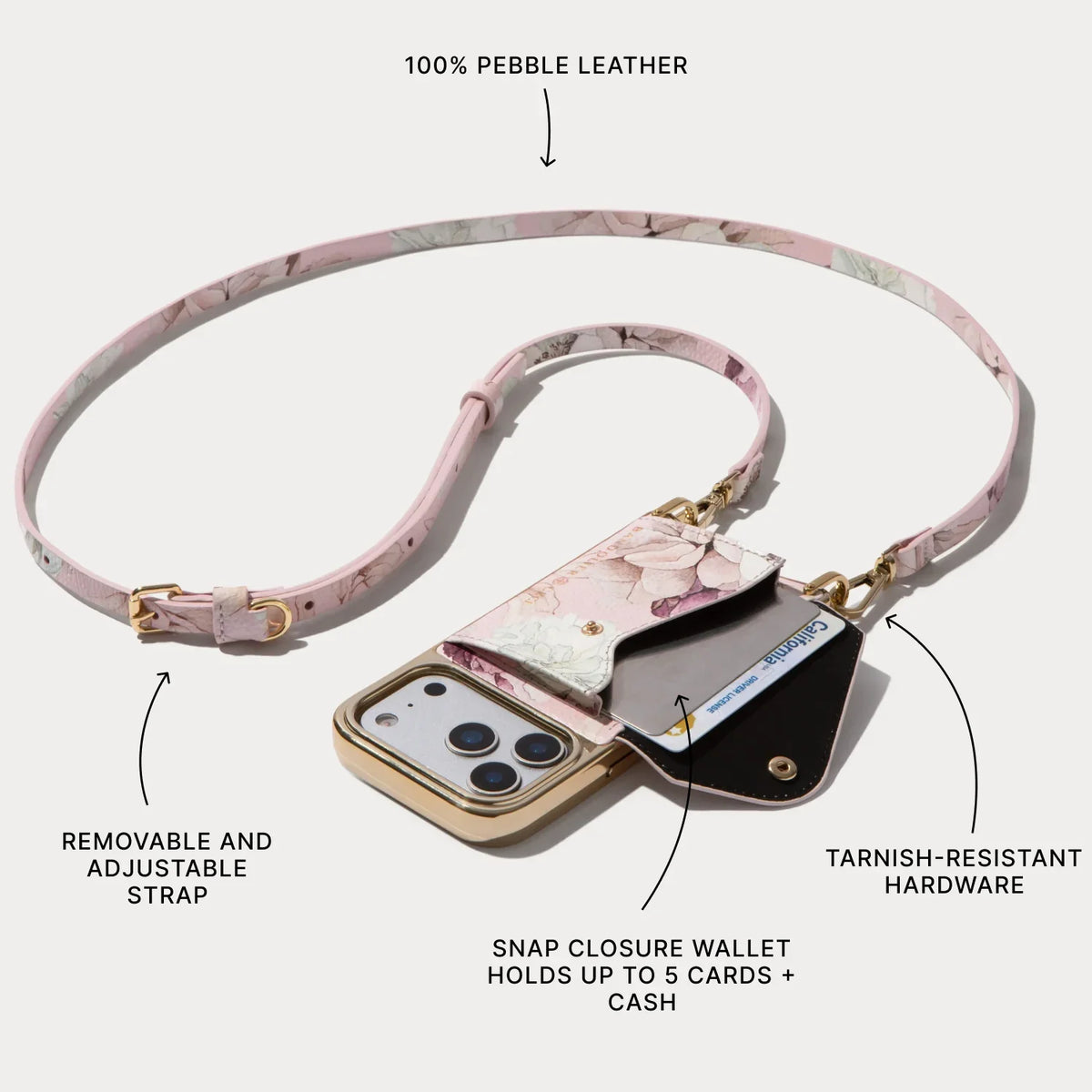 Donna Chrome Crossbody Phone Case - Ceci Pink Floral/Chrome Gold