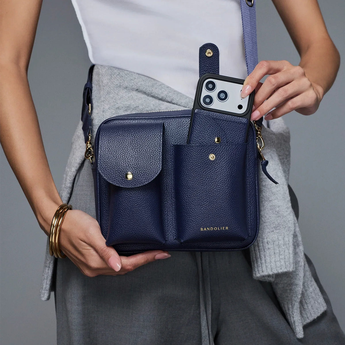 Dillon Dual Pocket Crossbody Bag - Navy/Gold