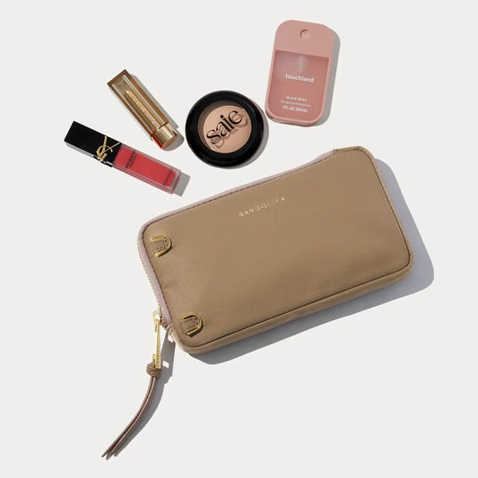 Nylon Expanded Zip Pouch - Taupe/Gold