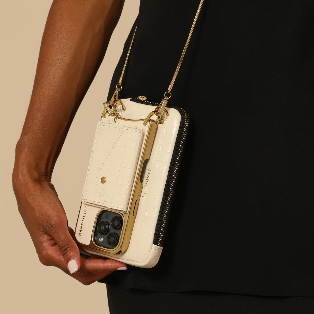 Expanded Zip Pouch - Ivory Croc/Gold