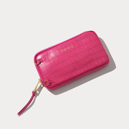 Expanded Zip Pouch - Magenta Croc/Gold