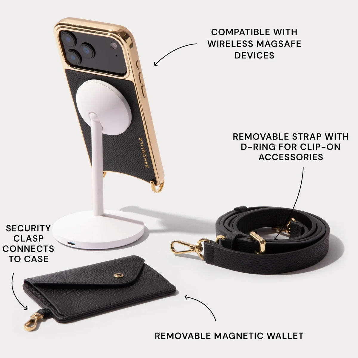 Remi Magnet Wallet Crossbody Phone Case Pouch Set - Black/Chrome Gold