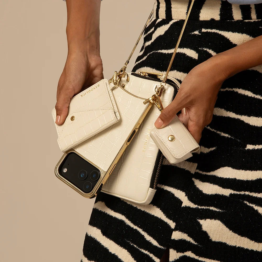 Remi Magnet Wallet Crossbody Phone Case Essentials Set - Ivory Croc/Gold