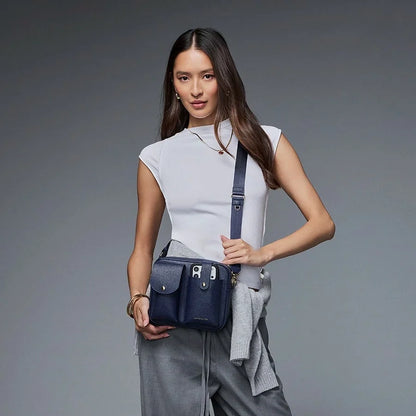 Dillon Dual Pocket Crossbody Bag - Navy/Gold