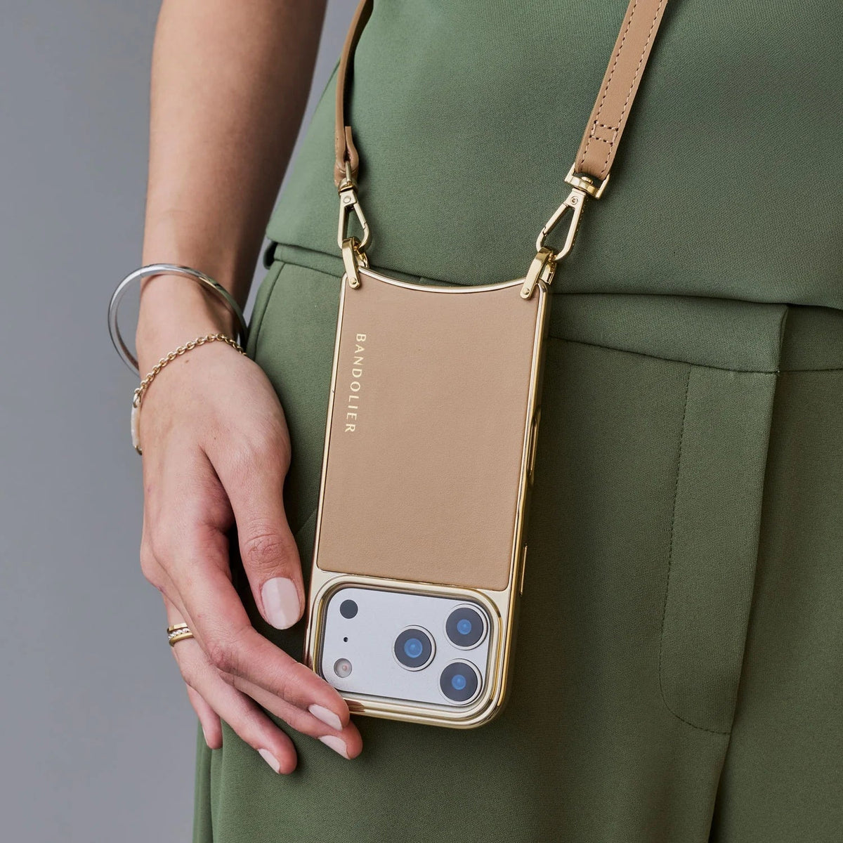 Rayna Chrome Crossbody Phone Case - Tan/Chrome Gold