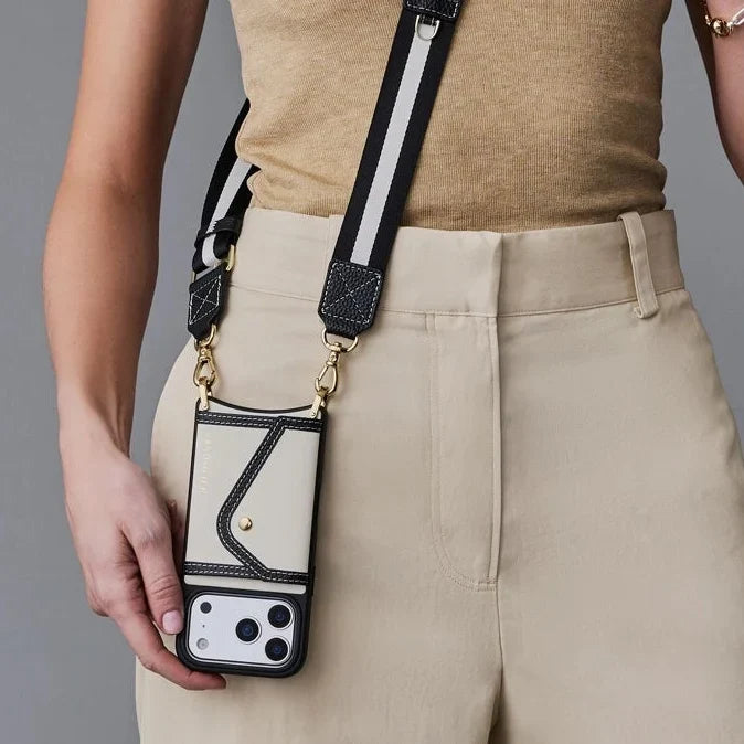 Brooke Canvas Crossbody Phone Case - Cream Black/Gold