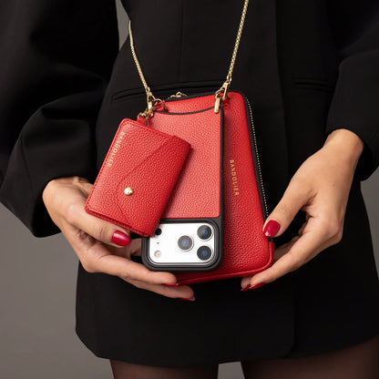 Pebble Leather Expanded Zip Pouch - Red/Gold