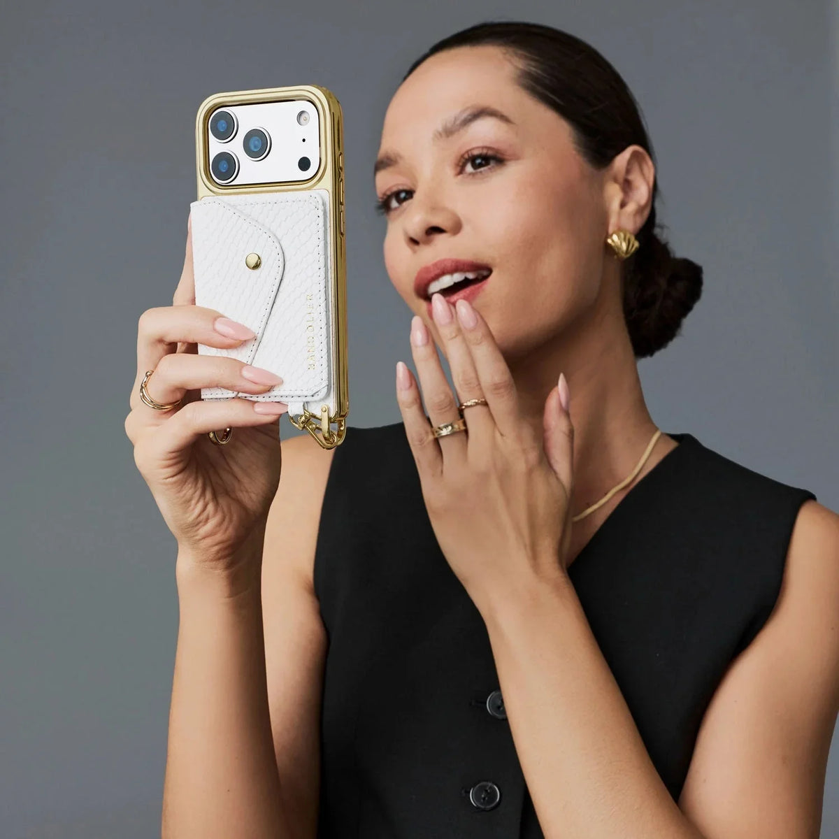 Remi Chrome Magnet Wallet Crossbody Phone Case - White Snake/Gold