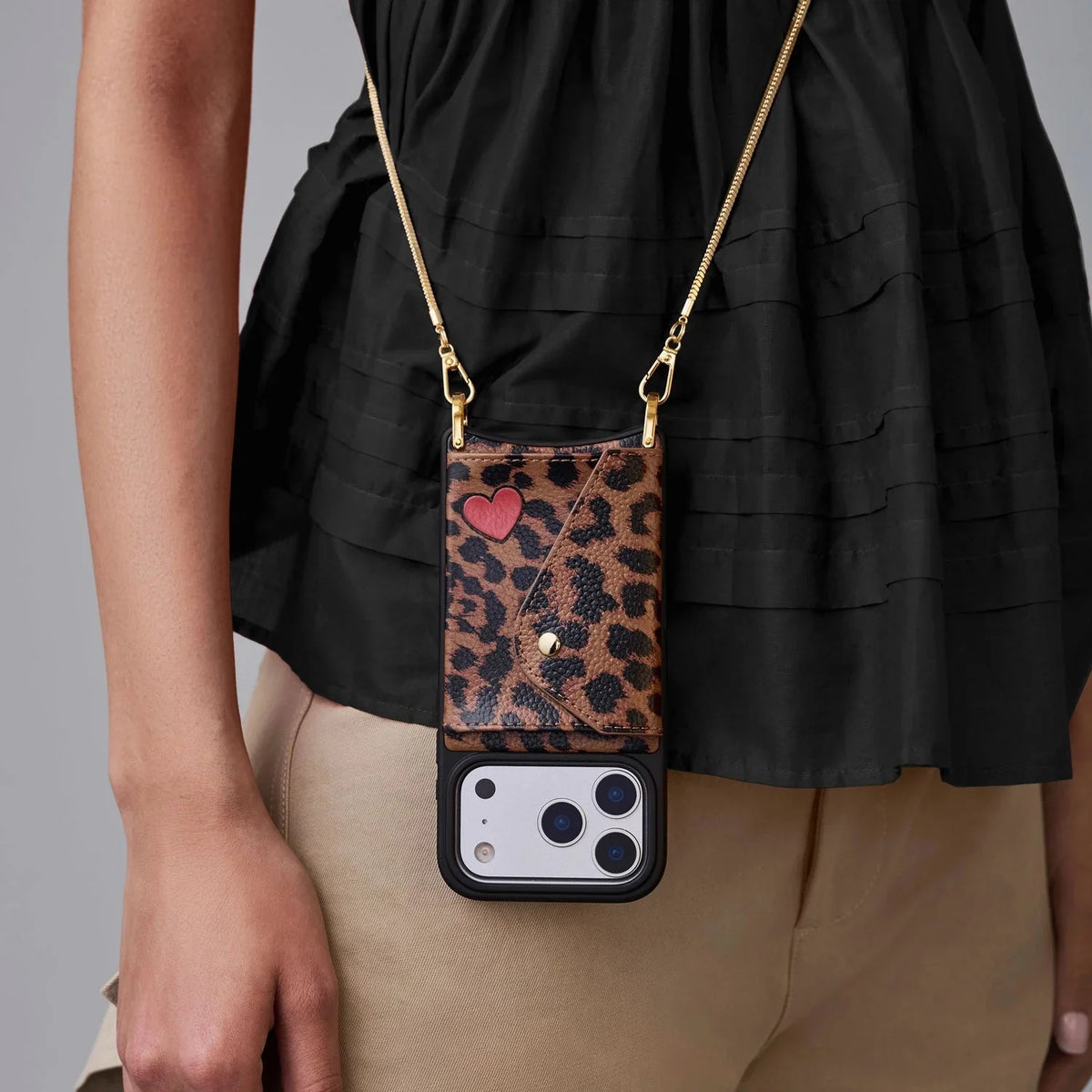 Gia Crossbody Phone Case - Heart Leopard/Gold