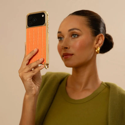 Remi Magnet Wallet Crossbody Phone Case - Orange Croc/Gold