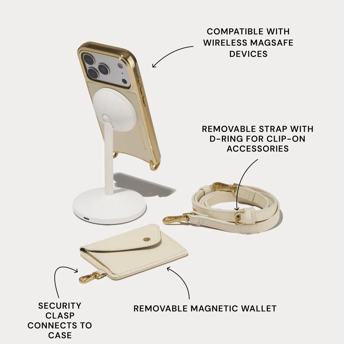 Remi Chrome Magnet Wallet Crossbody Phone Case - Ivory/Chrome Gold