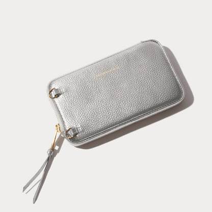 Pebble Leather Expanded Zip Pouch  - Metallic Silver/Gold