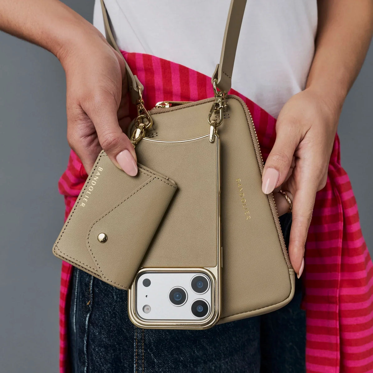 Remi Magnet Wallet Crossbody Phone Case Pouch Set - Khaki/Chrome Gold