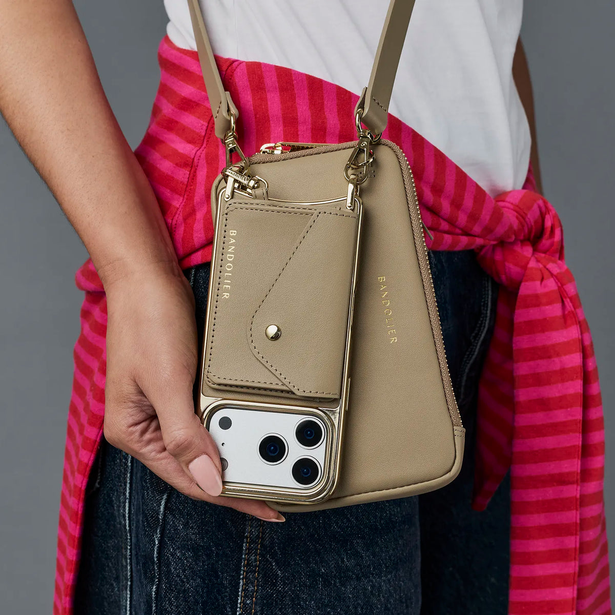 Smooth Leather Expanded Zip Pouch - Khaki/Gold