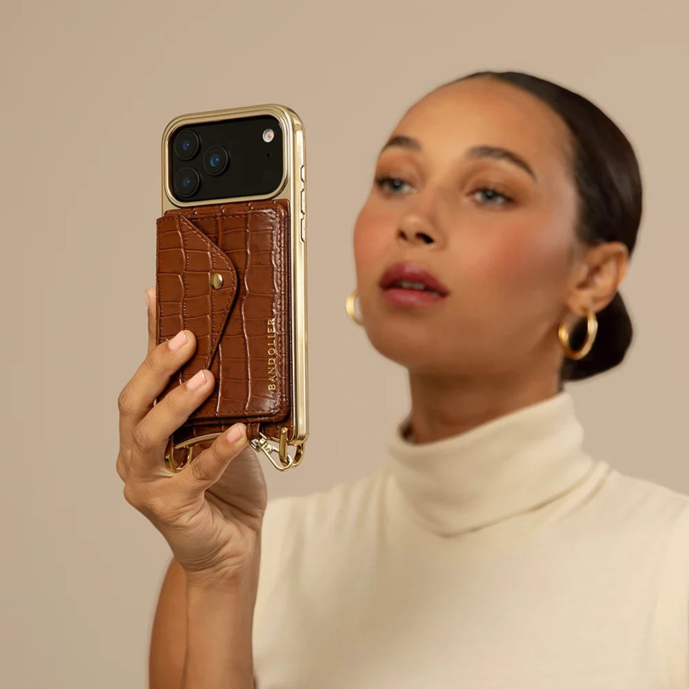 Remi Magnet Wallet Crossbody Phone Case - Brown Croc/Gold