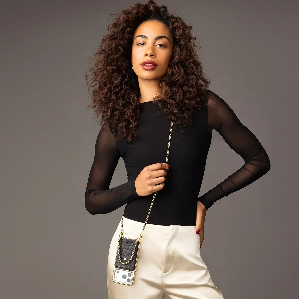 Lily Chrome Side Slot Leather Crossbody Bandolier Set - Black Chrome/Gold