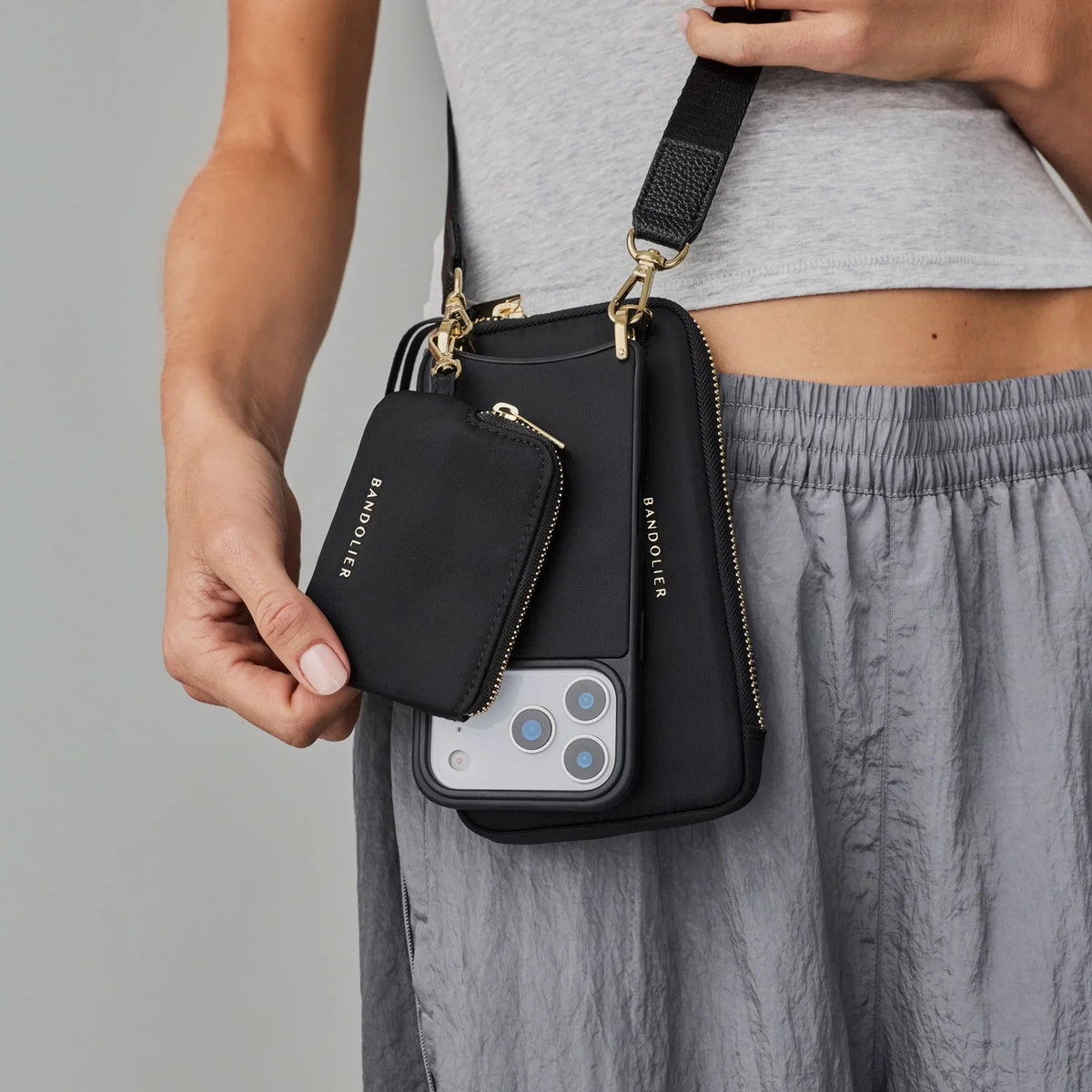 Nova Nylon Magnet Wallet Crossbody Phone Case Pouch Set - Black/Gold