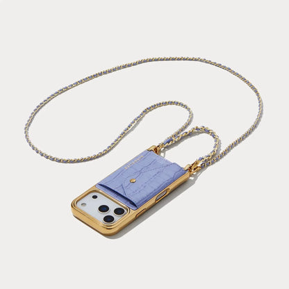 Lily Chrome Side Slot Leather Crossbody Bandolier Set - Lavender Croc/Chrome Gold